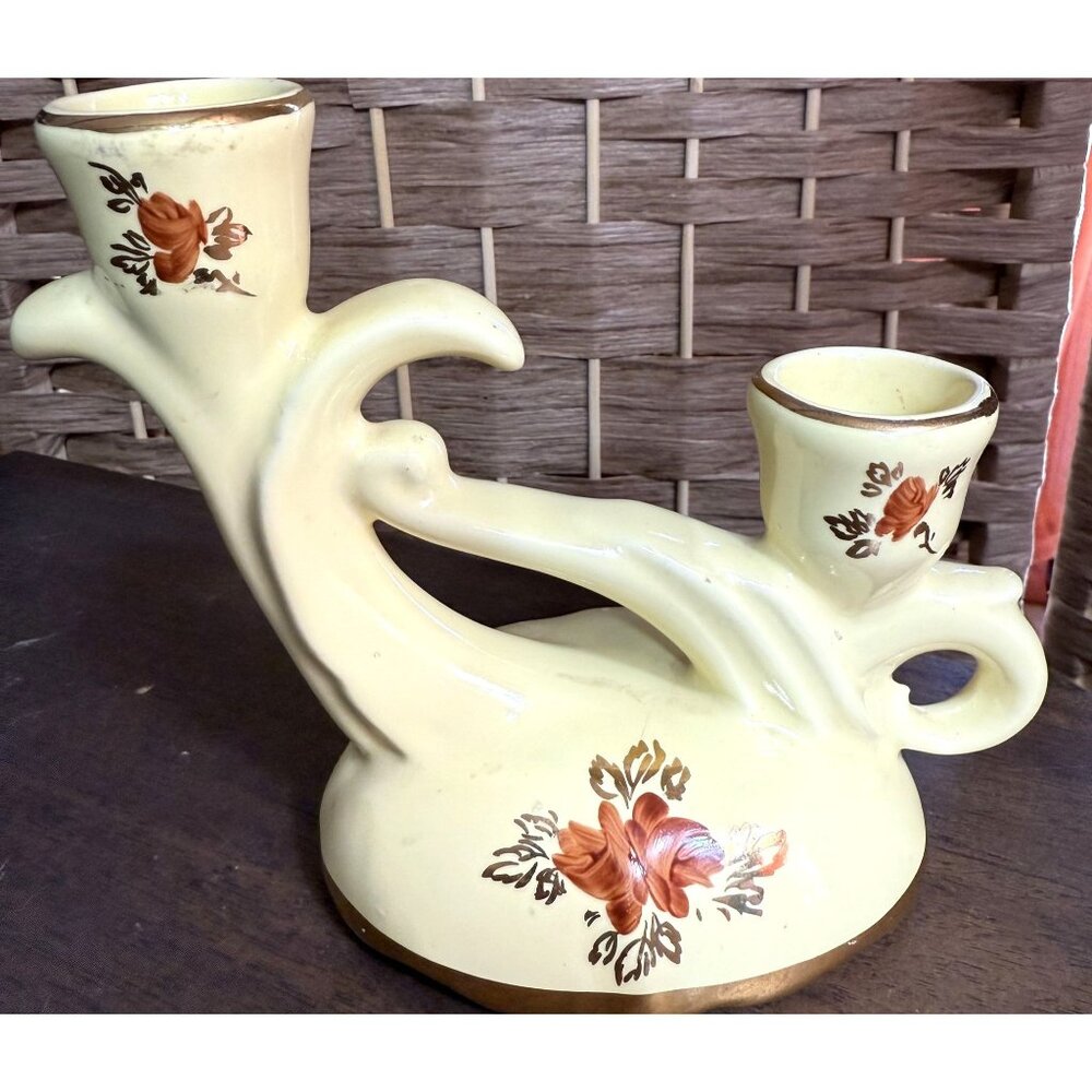 Vintage Nor-So Dual Candle Holder With Floral Design & Gold Accents